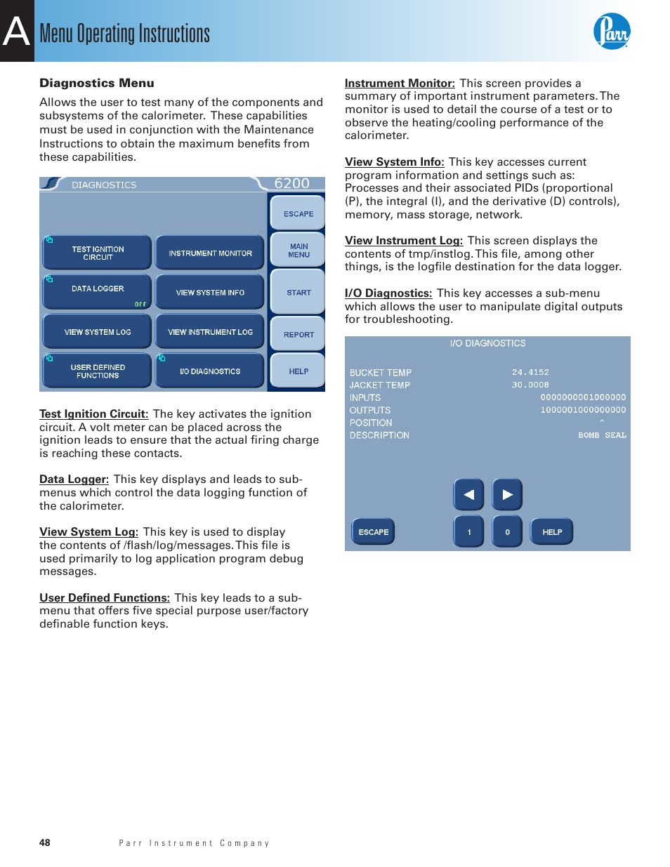 Diagnostics menu, Menu operating instructions | Parr Instrument 6200 User Manual | Page 50 / 88