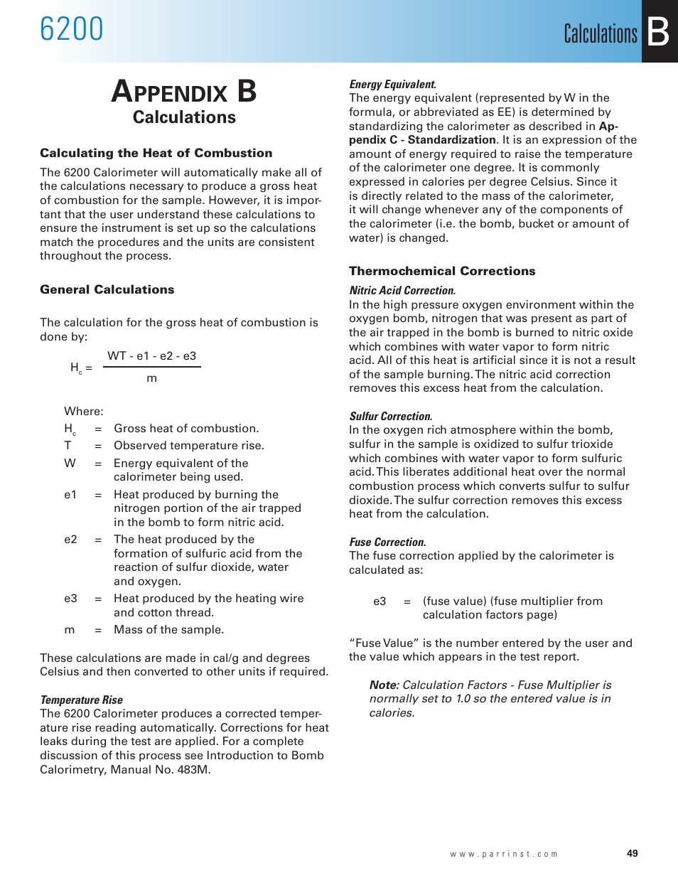 Appendix b, Calculations, Calculating the heat of combustion | General calculations, Thermochemical corrections, Appendix b 49, Ppendix | Parr Instrument 6200 User Manual | Page 51 / 88
