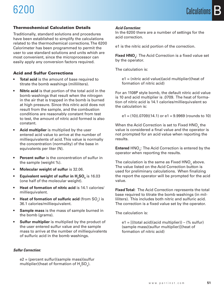 Thermochemical calculation details, Acid and sulfur corrections, Calculations | Parr Instrument 6200 User Manual | Page 53 / 88