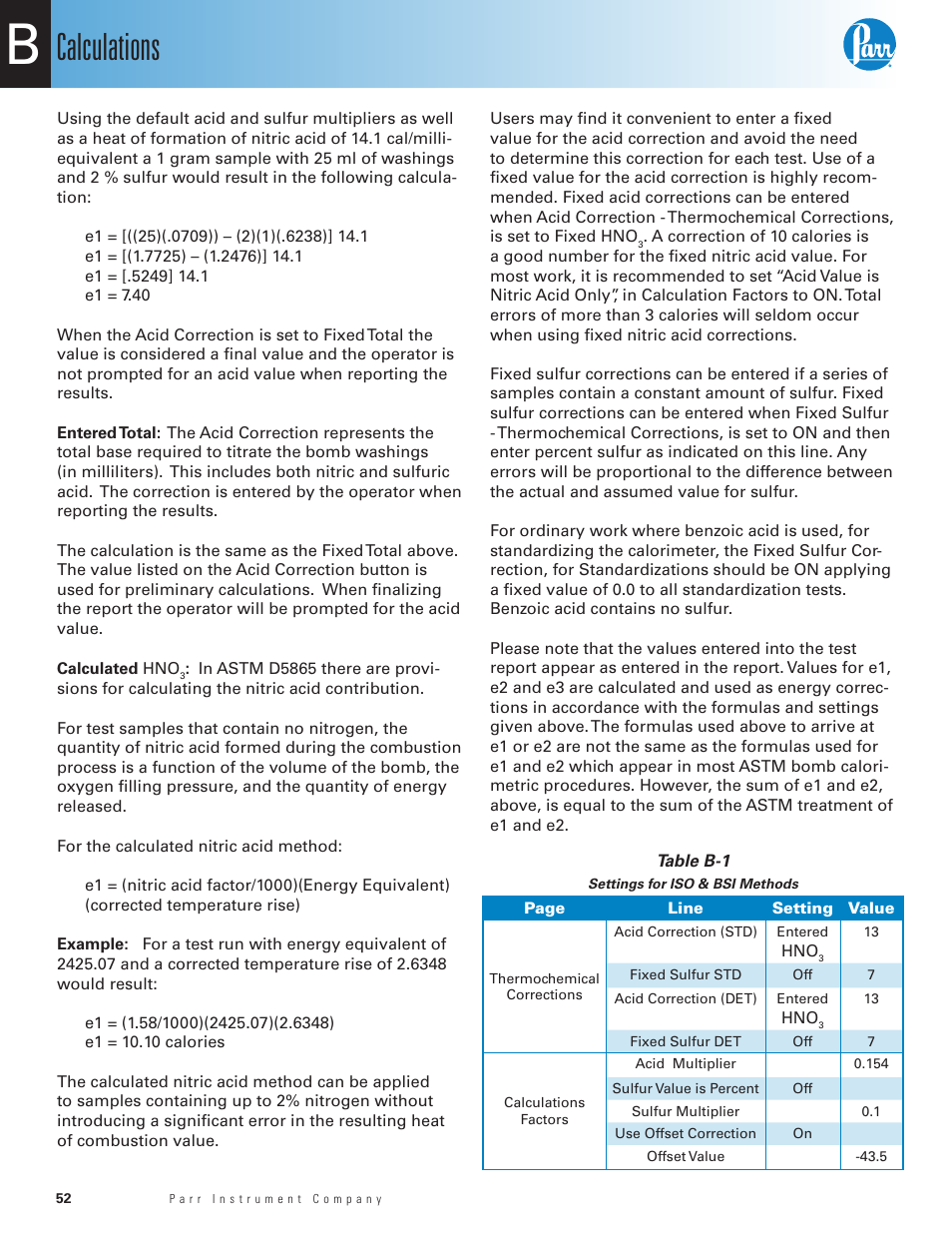 Table b-1, Settings for iso & bsi methods, Calculations | Parr Instrument 6200 User Manual | Page 54 / 88