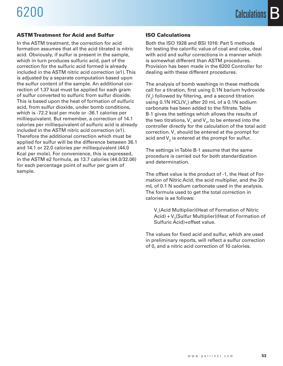 Astm treatment for acid and sulfur, Iso calculations, Calculations | Parr Instrument 6200 User Manual | Page 55 / 88