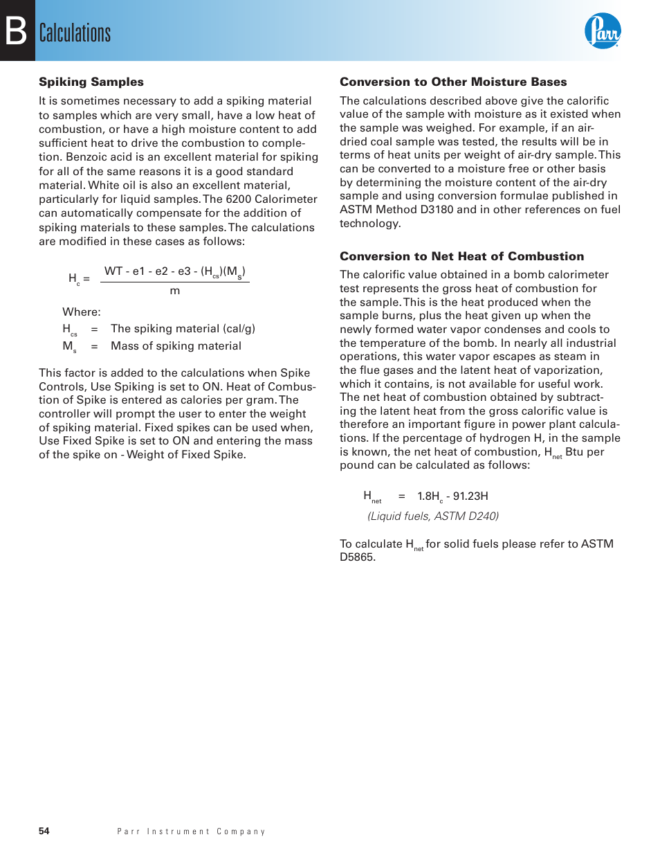 Spiking samples, Conversion to other moisture bases, Conversion to net heat of combustion | Calculations | Parr Instrument 6200 User Manual | Page 56 / 88