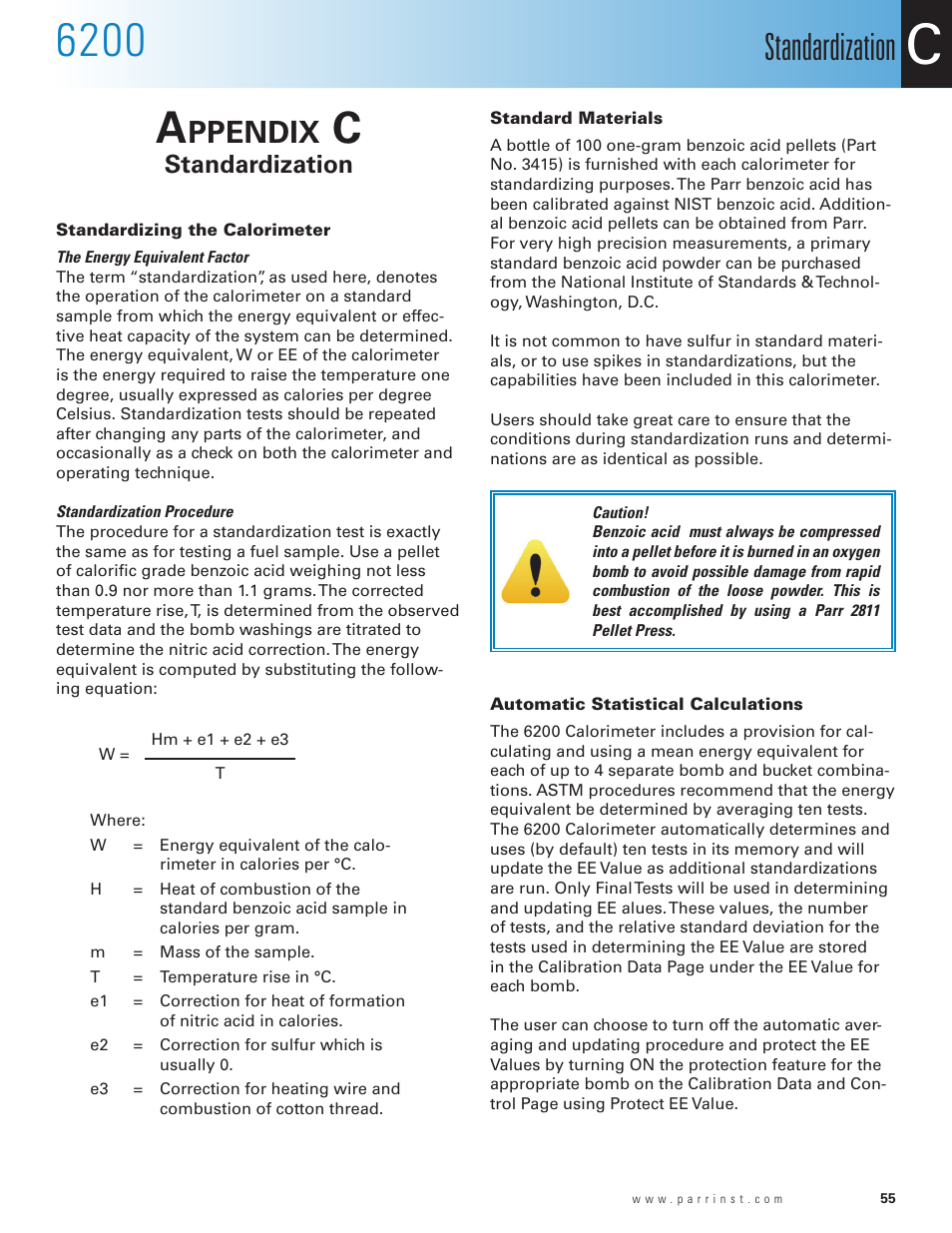 Appendix c, Standardization, Standardizing the calorimeter | Standard materials, Automatic statistical calculations, Appendix c 55, Ppendix | Parr Instrument 6200 User Manual | Page 57 / 88