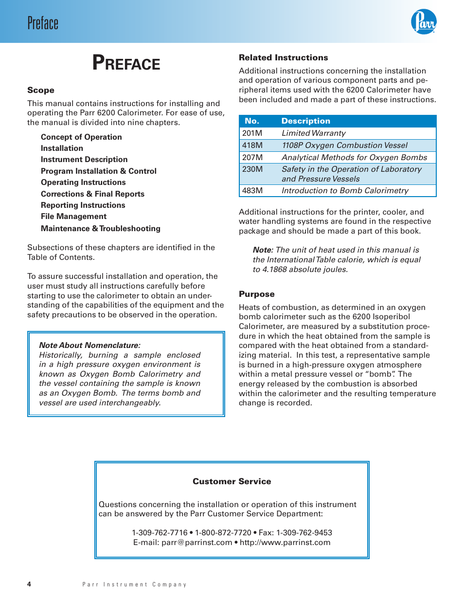 Preface, Scope, Related instructions | Purpose, Customer service, Preface 4, Reface | Parr Instrument 6200 User Manual | Page 6 / 88