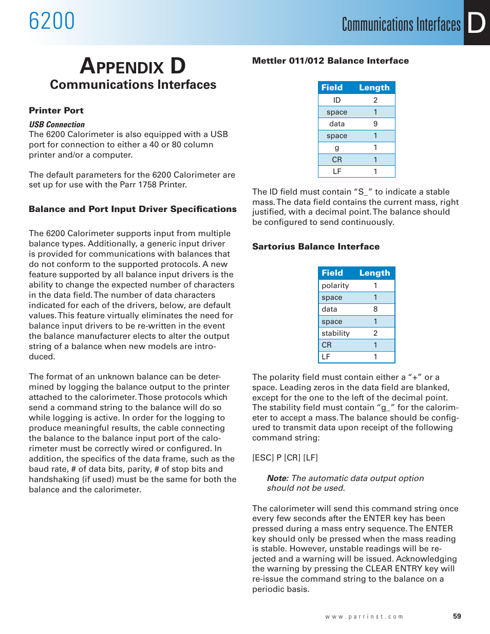 Appendix d, Communications interfaces, Printer port | Balance and port input driver specifications, Mettler 011/012 balance interface, Sartorius balance interface, Appendix d 59, Ppendix | Parr Instrument 6200 User Manual | Page 61 / 88