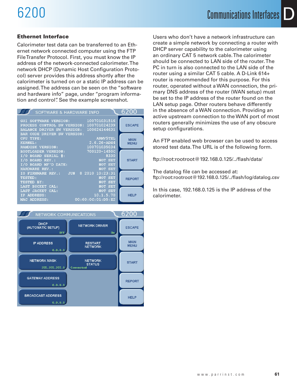 Ethernet interface, Communications interfaces | Parr Instrument 6200 User Manual | Page 63 / 88