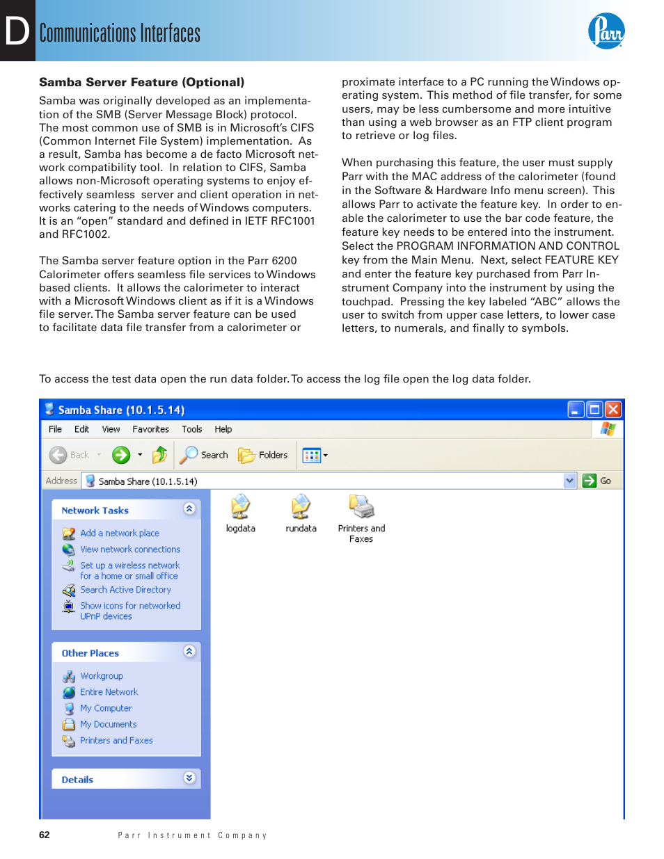 Samba server feature (optional), Communications interfaces | Parr Instrument 6200 User Manual | Page 64 / 88