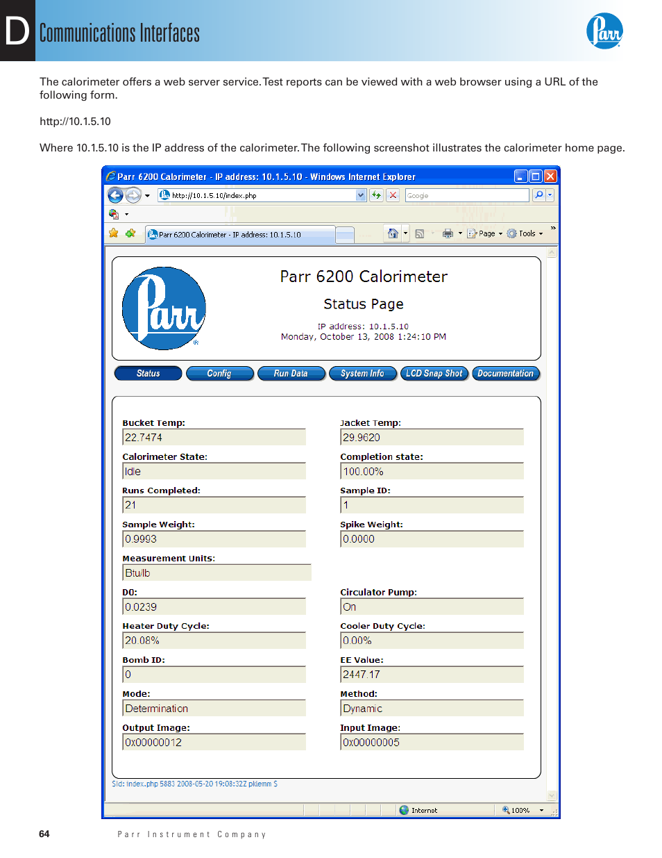 Communications interfaces | Parr Instrument 6200 User Manual | Page 66 / 88