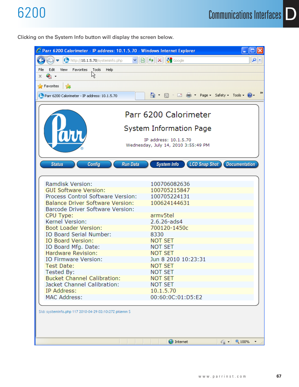 Communications interfaces | Parr Instrument 6200 User Manual | Page 69 / 88