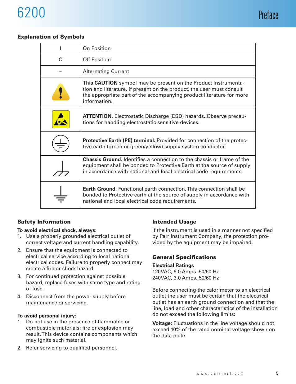 Explanation of symbols, Safety information, Intended usage | General specifications, Preface | Parr Instrument 6200 User Manual | Page 7 / 88