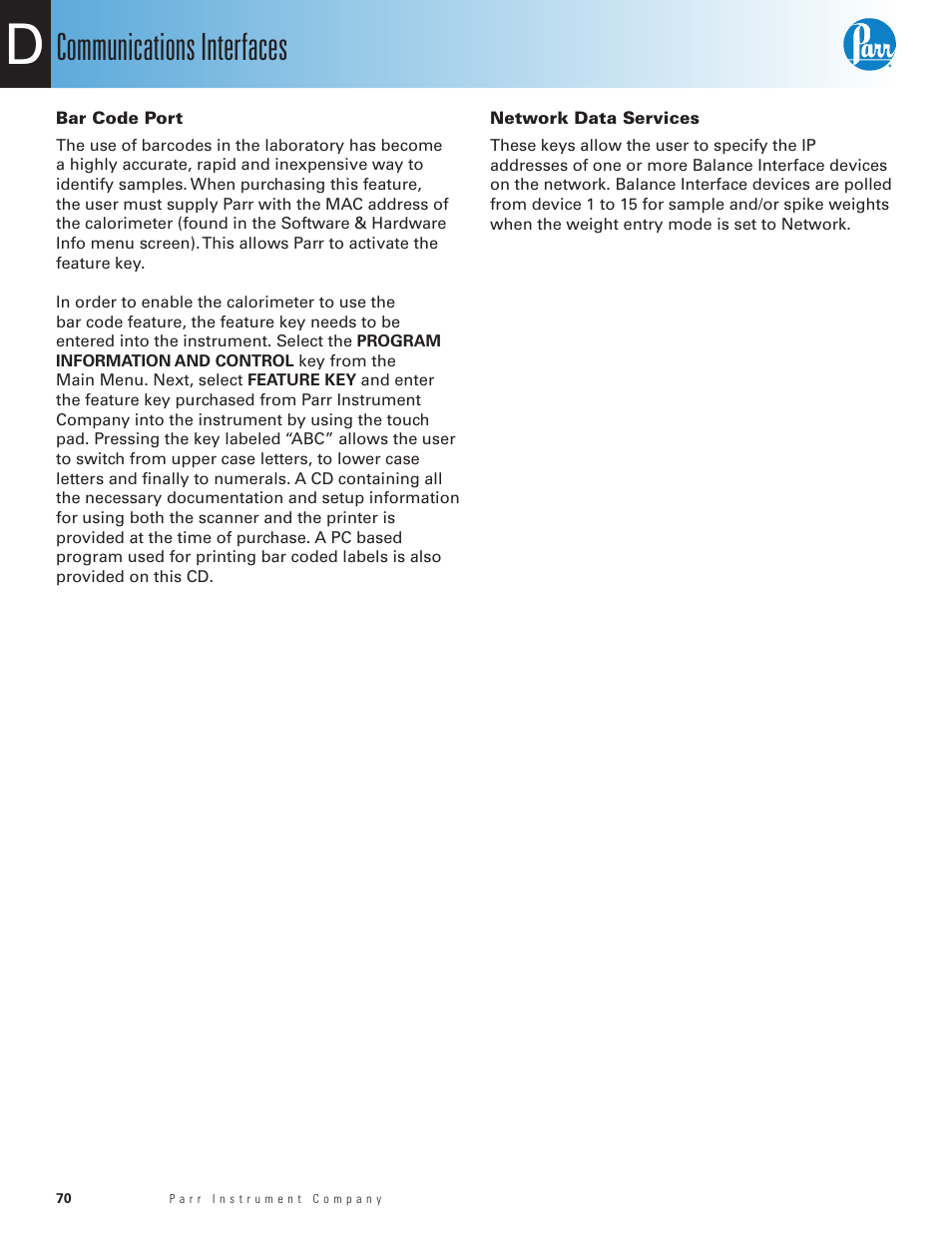 Bar code port, Network data services, Communications interfaces | Parr Instrument 6200 User Manual | Page 72 / 88