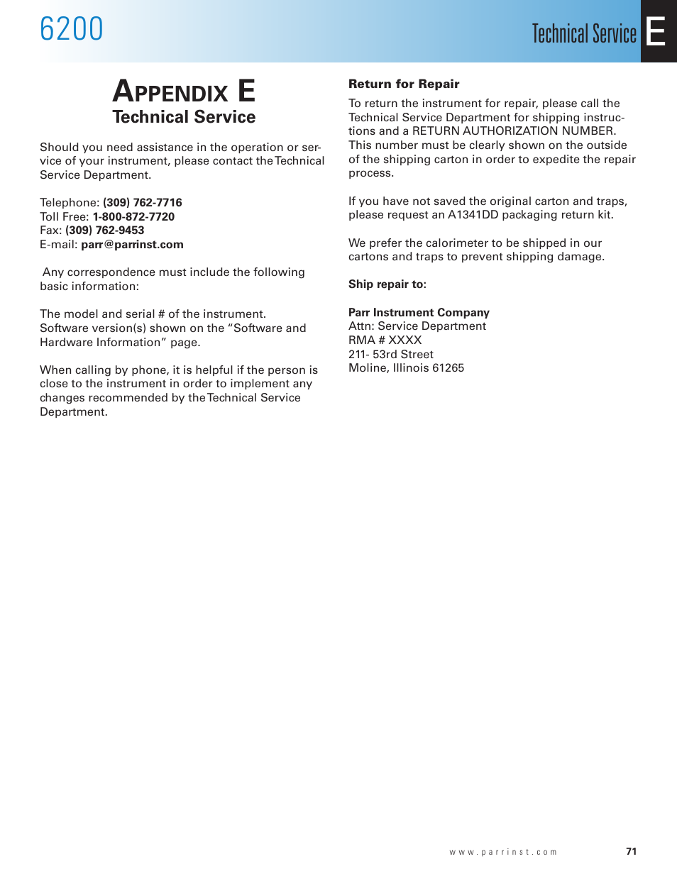 Appendix e, Technical service, Return for repair | Appendix e 71, Ppendix | Parr Instrument 6200 User Manual | Page 73 / 88
