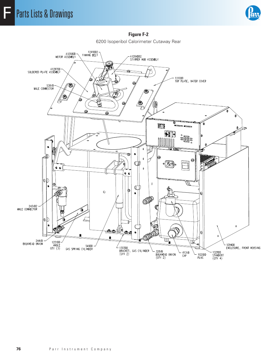 Figure f-2, 6200 isoperibol calorimeter cutaway rear, Parts lists & drawings | Parr Instrument 6200 User Manual | Page 78 / 88