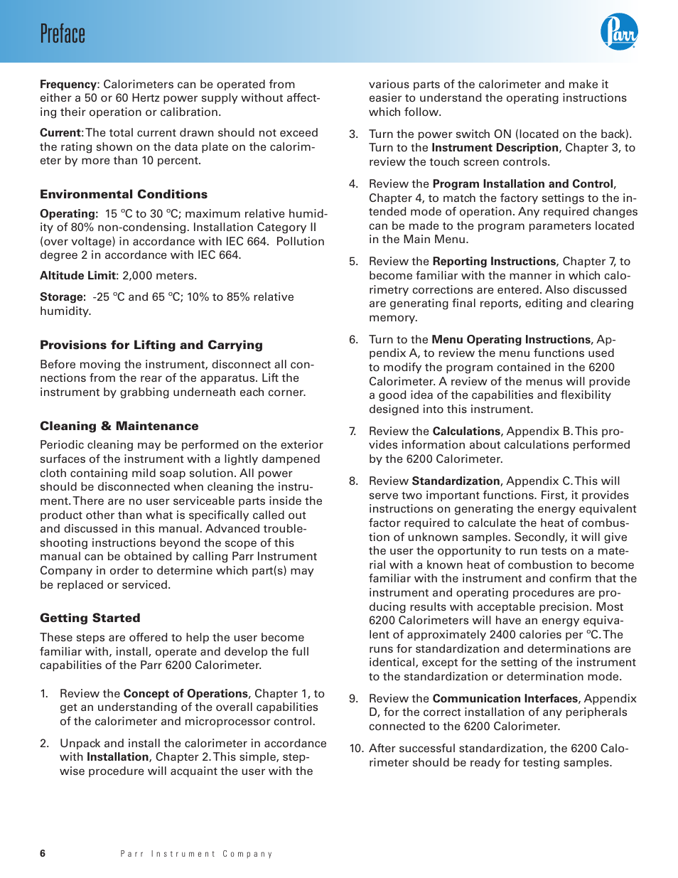 Environmental conditions, Provisions for lifting and carrying, Cleaning & maintenance | Getting started, Preface | Parr Instrument 6200 User Manual | Page 8 / 88