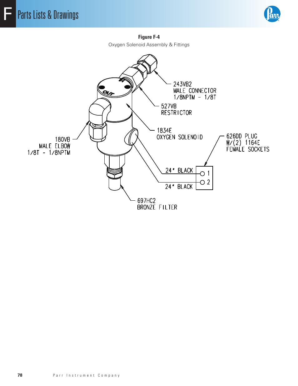 Figure f-4, Oxygen solenoid assembly & fittings, Parts lists & drawings | Parr Instrument 6200 User Manual | Page 80 / 88
