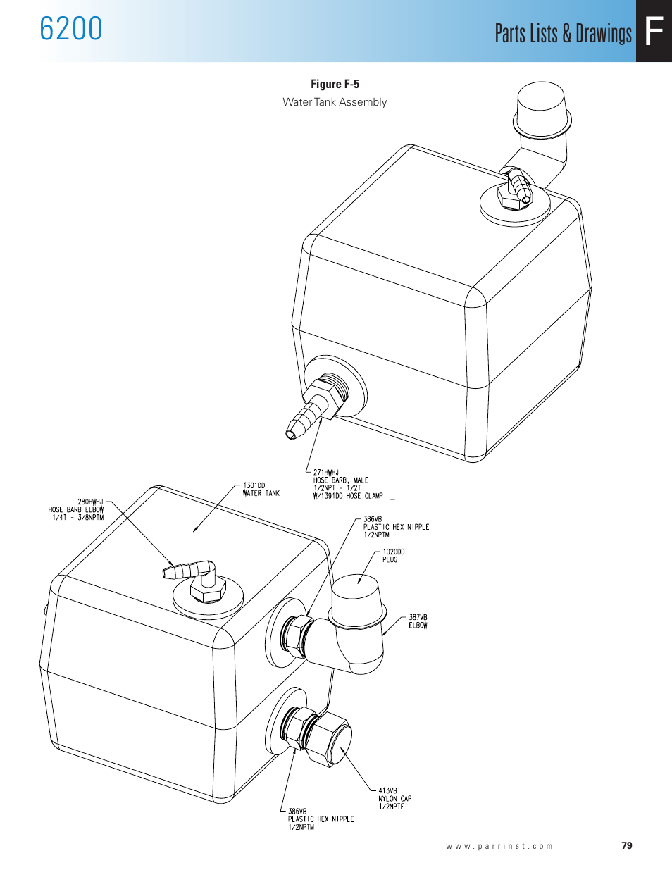 Figure f-5, Water tank assembly, Parts lists & drawings | Parr Instrument 6200 User Manual | Page 81 / 88