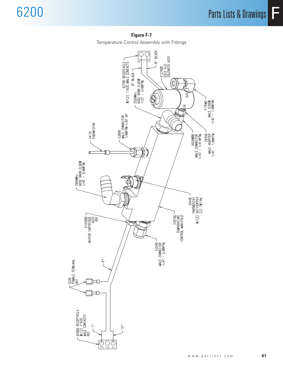 Figure f-7, Temperature control assembly with fittings, Parts lists & drawings | Parr Instrument 6200 User Manual | Page 83 / 88