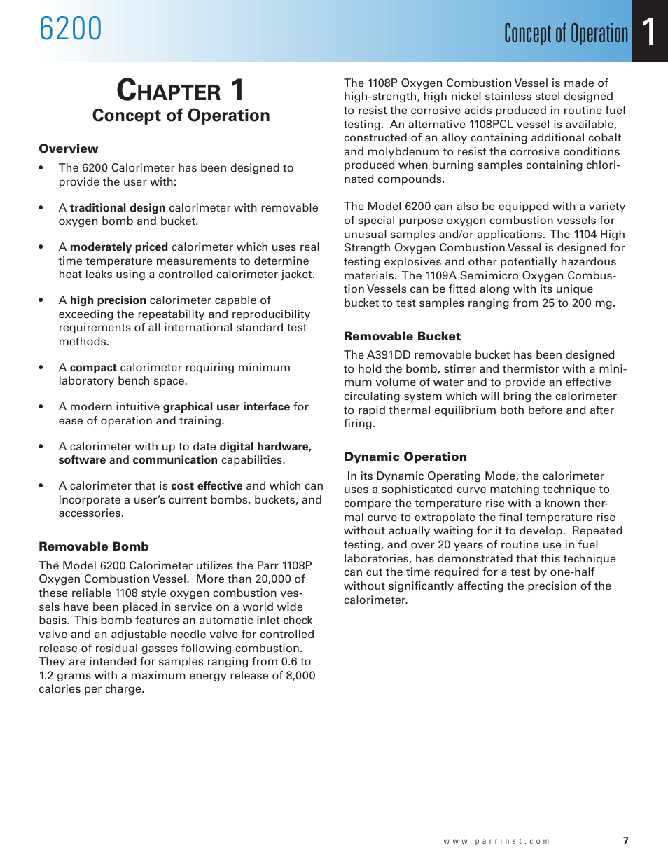 Chapter 1, Concept of operation, Overview | Removable bomb, Removable bucket, Dynamic operation, Chapter 1 7, Hapter | Parr Instrument 6200 User Manual | Page 9 / 88