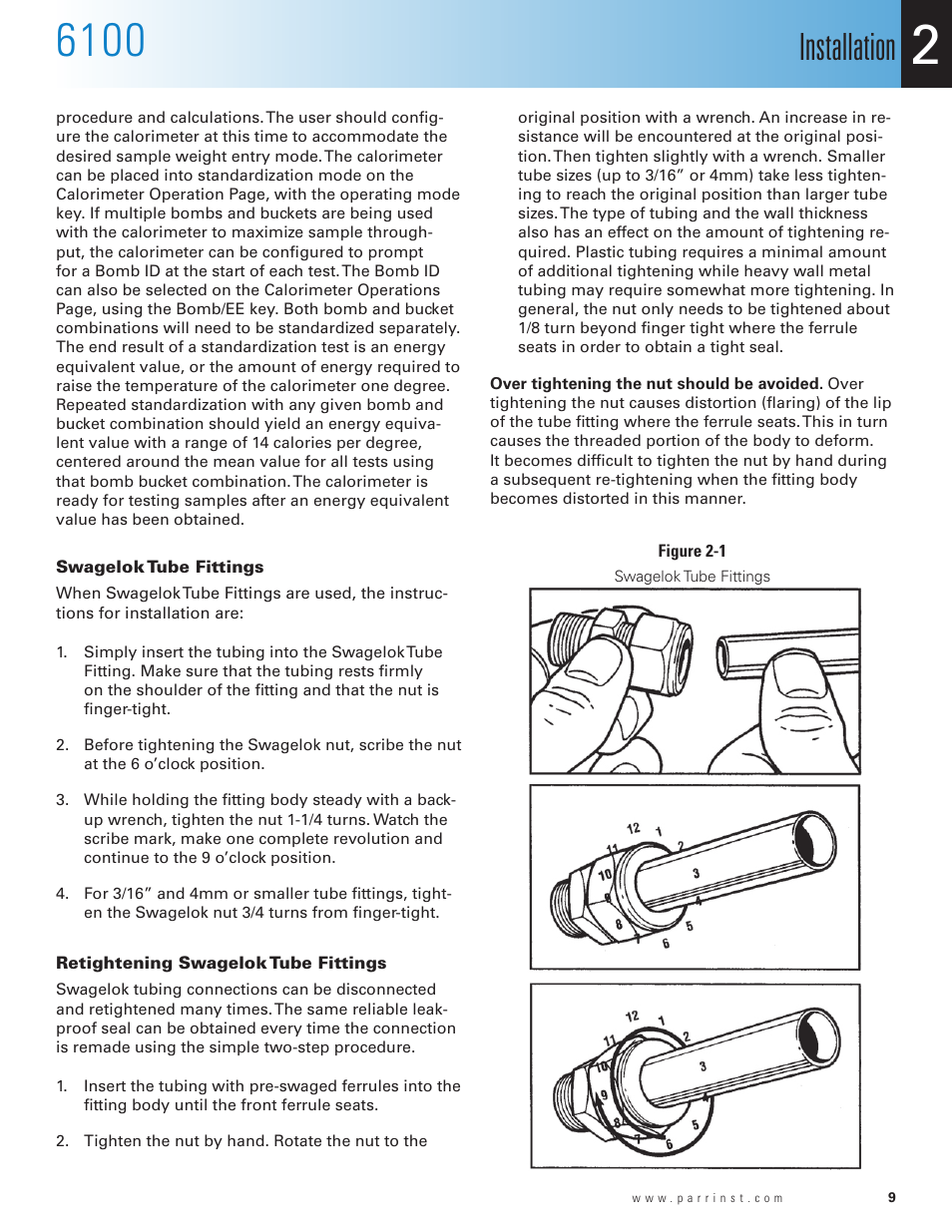 Swagelok tube fittings, Retightening swagelok tube fittings, Installation | Parr Instrument 6100 User Manual | Page 11 / 82