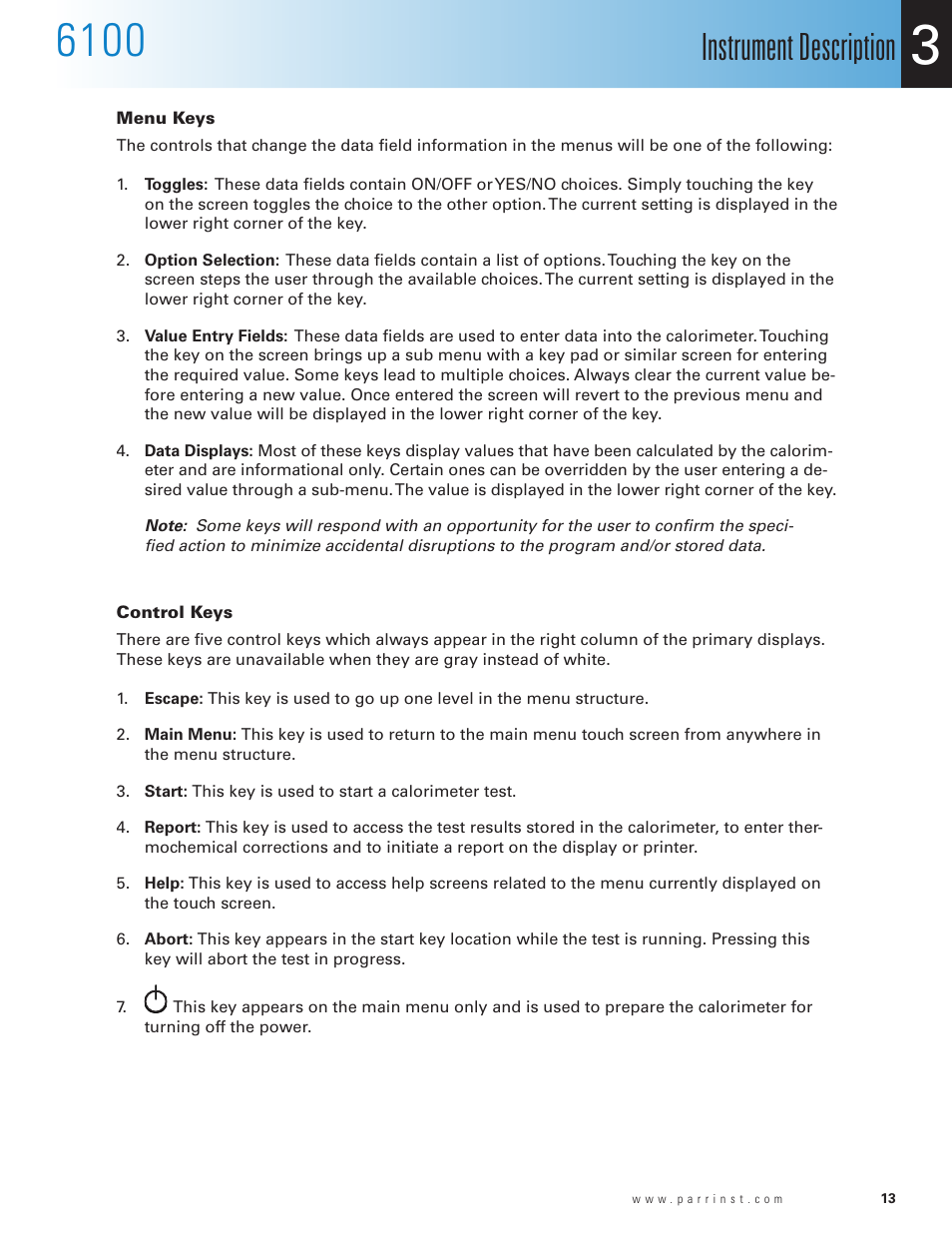 Menu keys, Control keys, Instrument description | Parr Instrument 6100 User Manual | Page 15 / 82