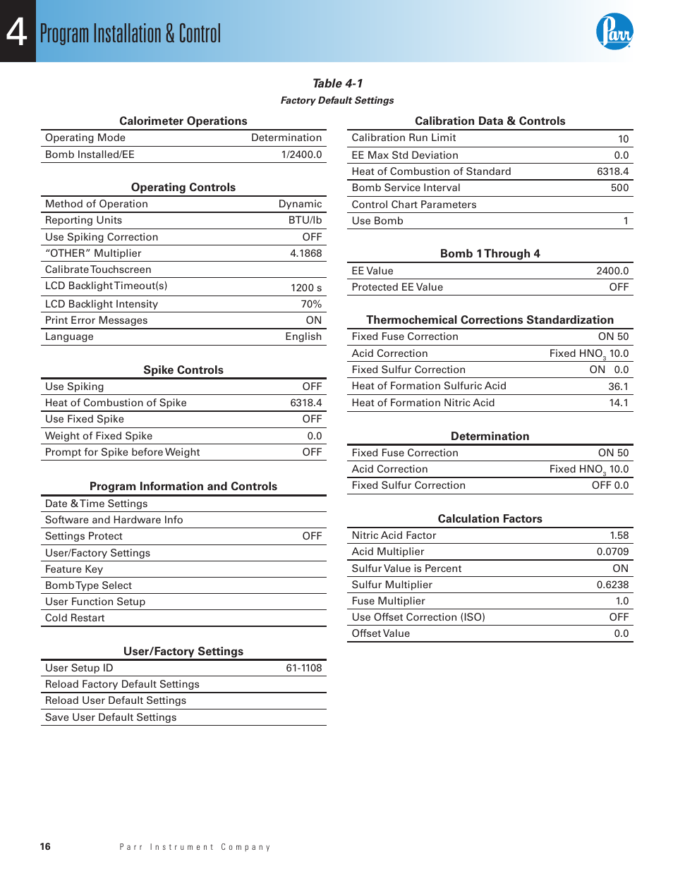 Factory default settings, Program installation & control | Parr Instrument 6100 User Manual | Page 18 / 82