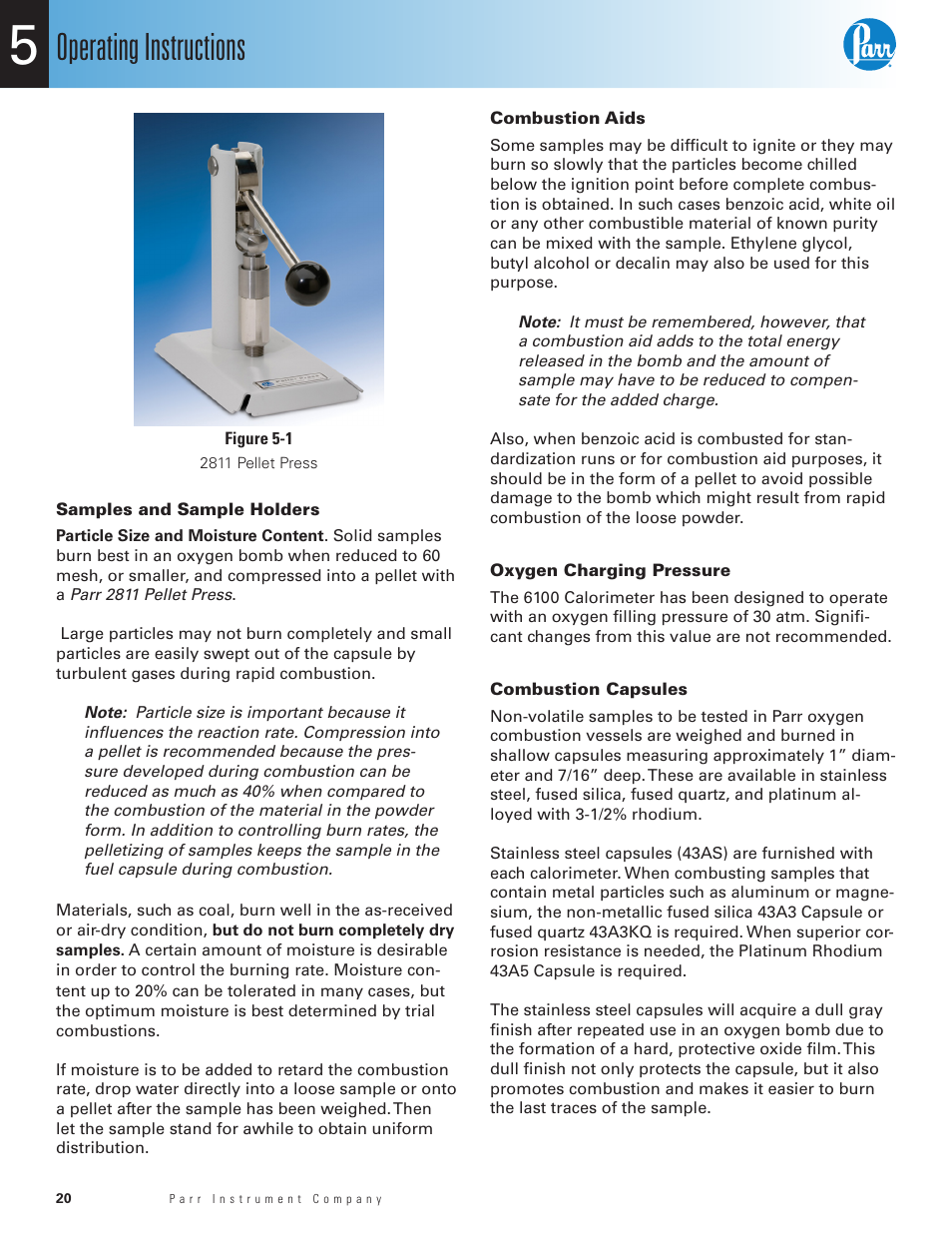2811 pellet press, Samples and sample holders, Combustion aids | Oxygen charging pressure, Combustion capsules, Operating instructions | Parr Instrument 6100 User Manual | Page 22 / 82