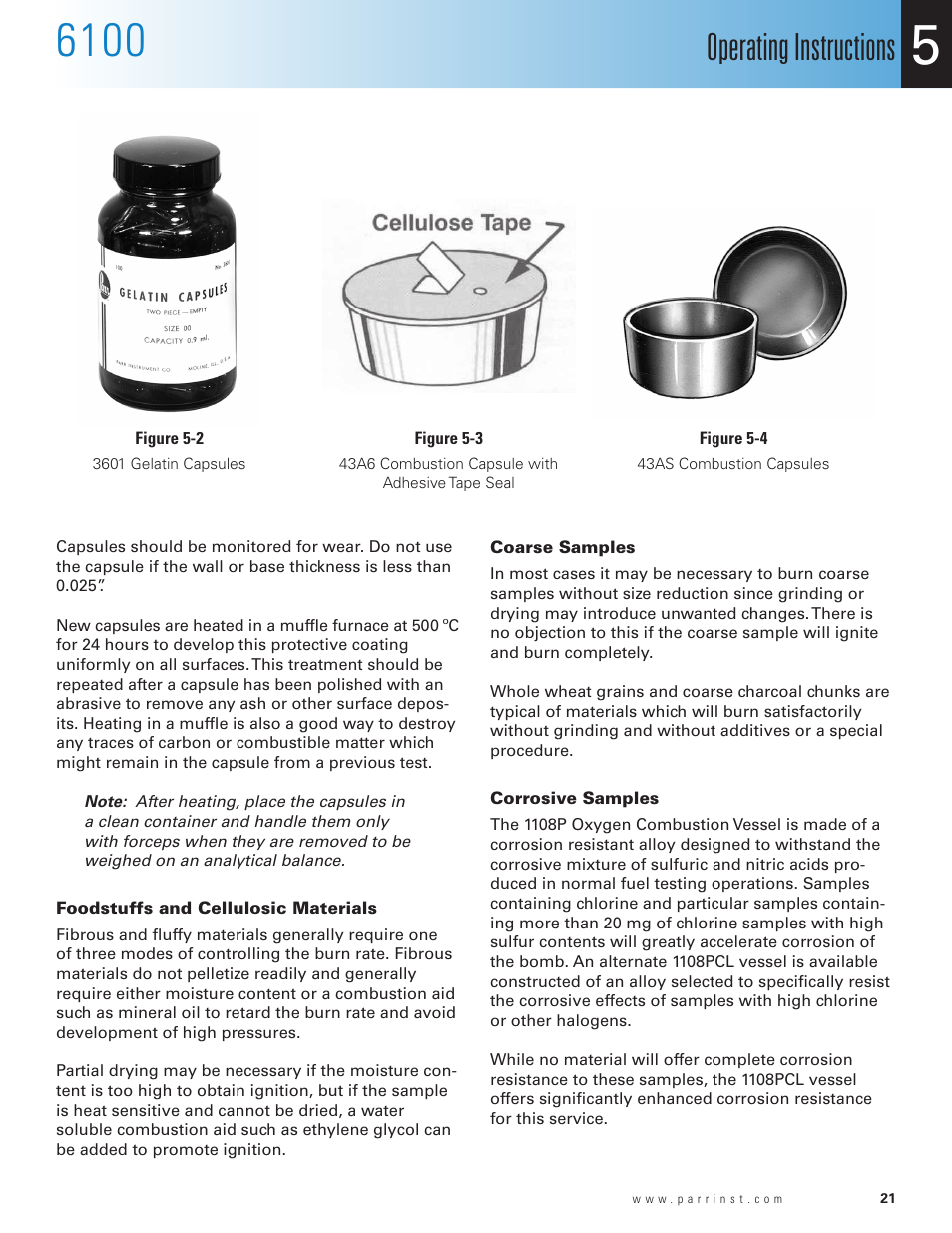 3601 gelatin capsules, 43a6 combustion capsule with adhesive tape seal, 43as combustion capsules | Foodstuffs and cellulosic materials, Coarse samples, Corrosive samples, Operating instructions | Parr Instrument 6100 User Manual | Page 23 / 82