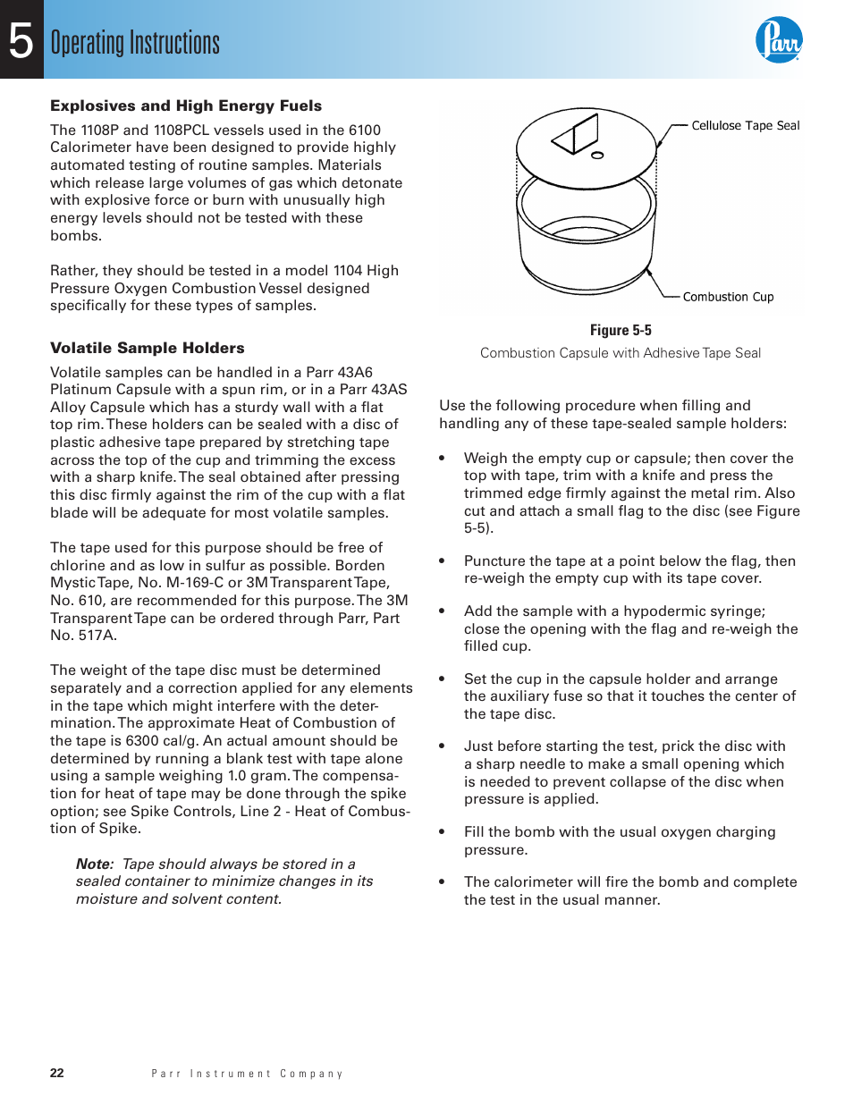 Combustion capsule with adhesive tape seal, Explosives and high energy fuels, Volatile sample holders | Operating instructions | Parr Instrument 6100 User Manual | Page 24 / 82