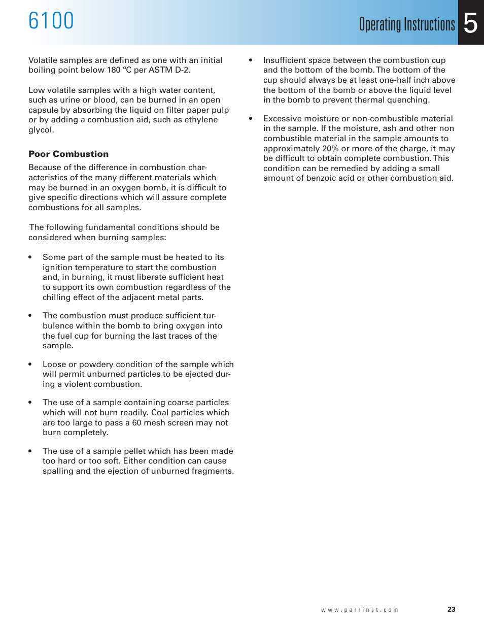 Poor combustion, Operating instructions | Parr Instrument 6100 User Manual | Page 25 / 82