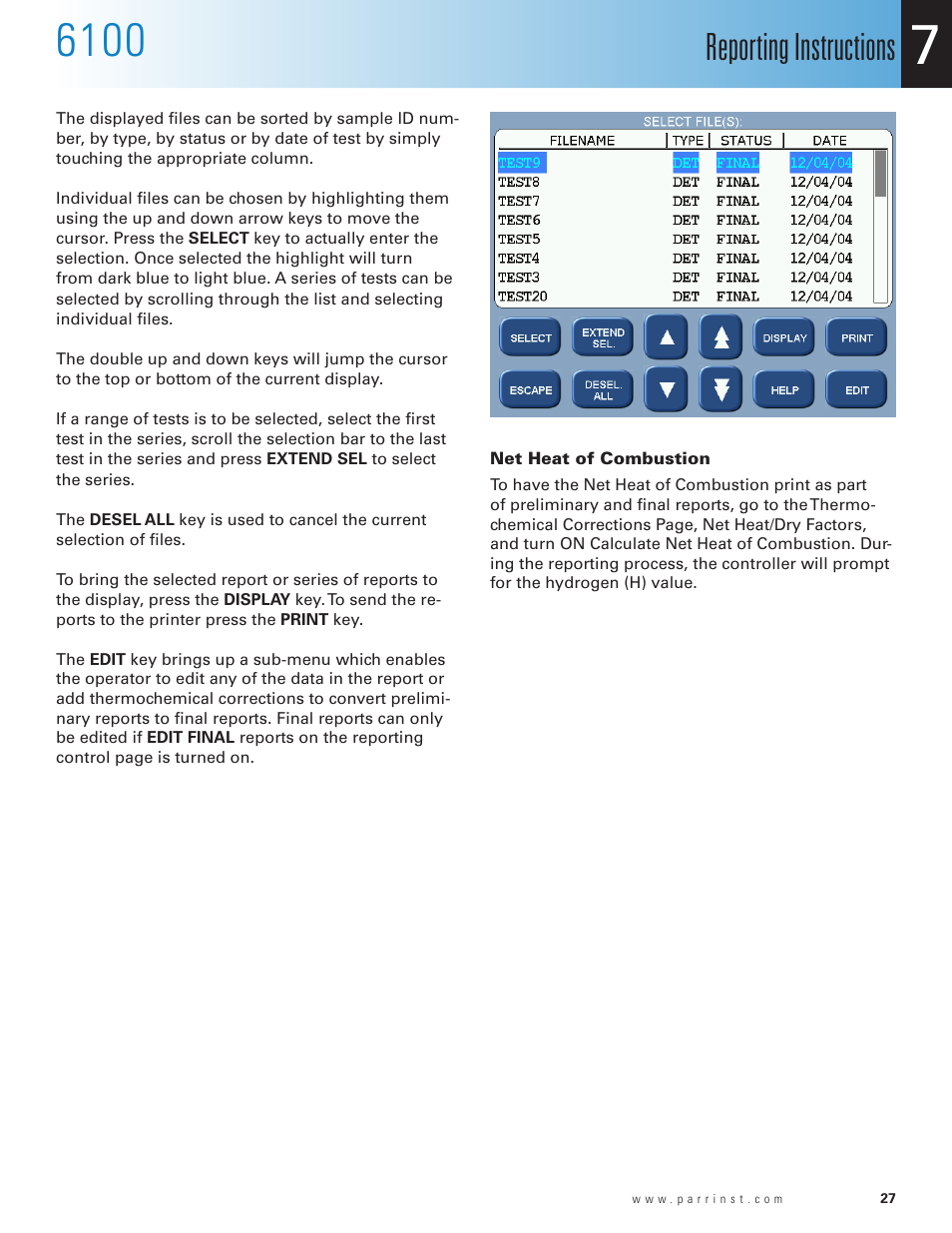 Net heat of combustion, Reporting instructions | Parr Instrument 6100 User Manual | Page 29 / 82
