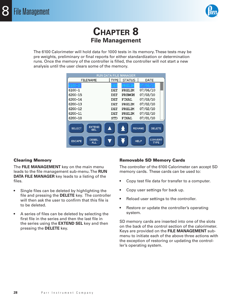 Chapter 8, File management, Clearing memory | Removable sd memory cards, Hapter | Parr Instrument 6100 User Manual | Page 30 / 82