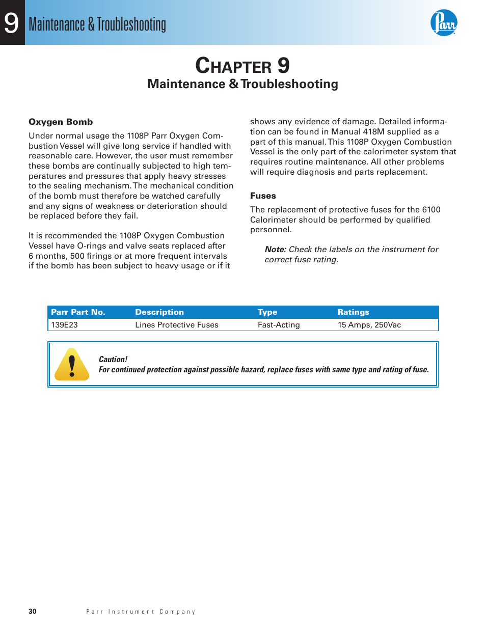 Chapter 9, Maintenance & troubleshooting, Oxygen bomb | Fuses, Hapter | Parr Instrument 6100 User Manual | Page 32 / 82