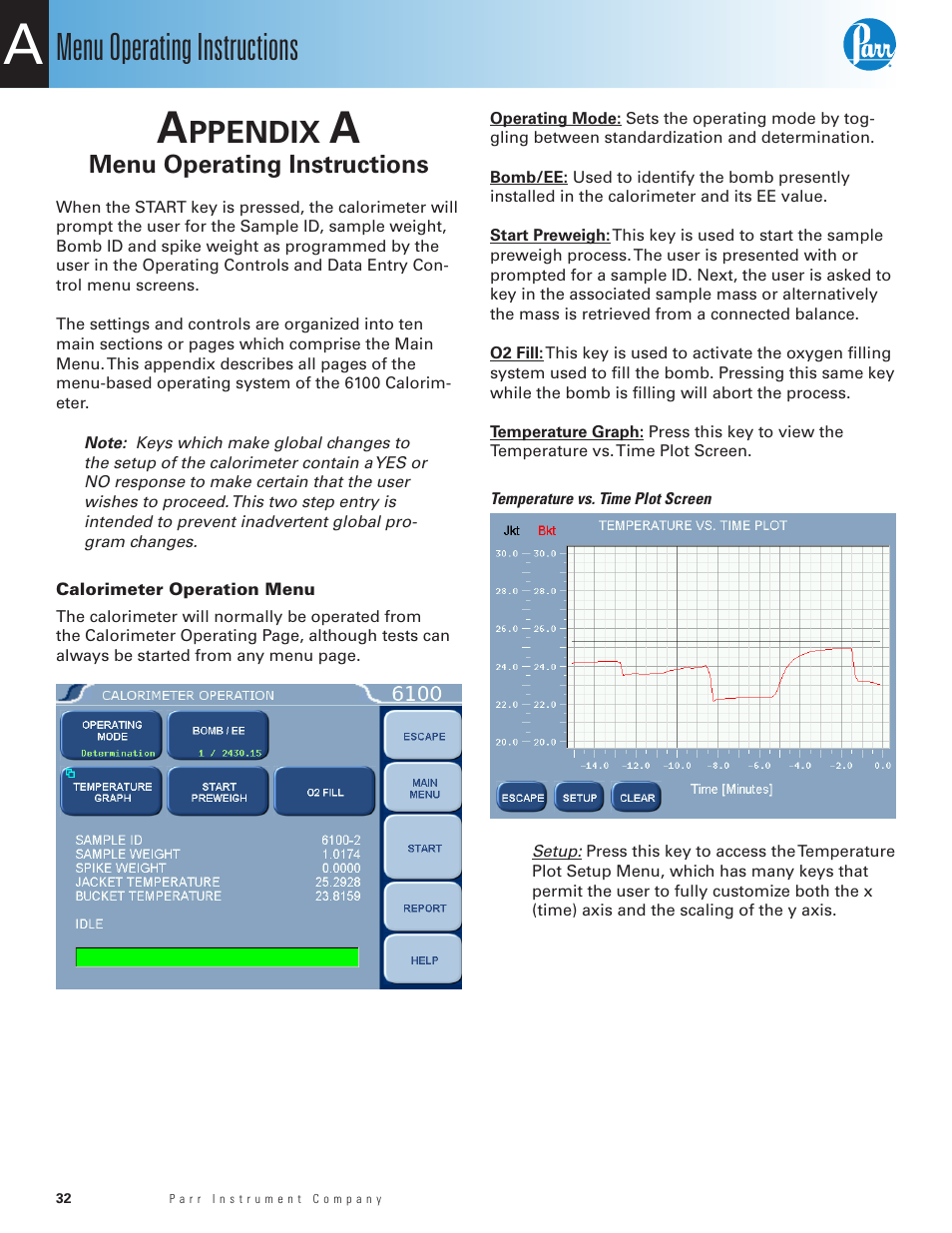 Appendix a, Menu operating instructions, Calorimeter operation menu | Temperature vs. time plot screen, Ppendix | Parr Instrument 6100 User Manual | Page 34 / 82