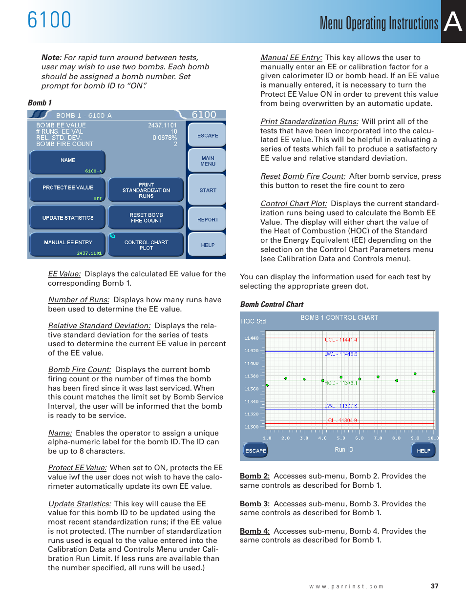 Bomb 1, Bomb control chart, Menu operating instructions | Parr Instrument 6100 User Manual | Page 39 / 82