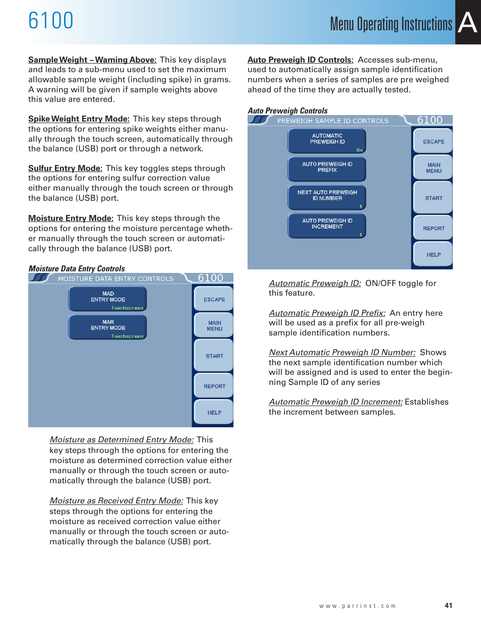 Moisture data entry controls, Auto preweigh controls, Menu operating instructions | Parr Instrument 6100 User Manual | Page 43 / 82