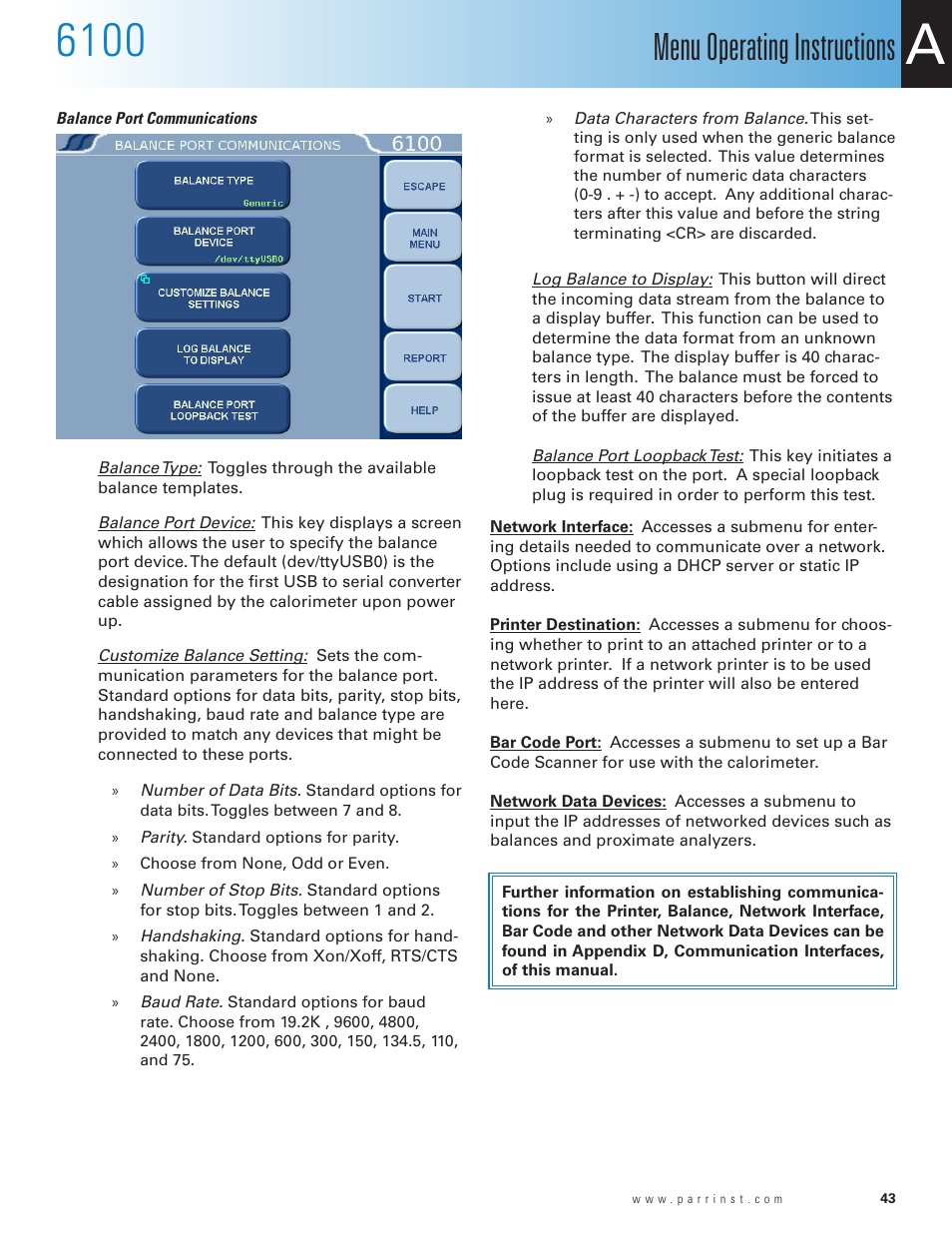 Balance port communications, Menu operating instructions | Parr Instrument 6100 User Manual | Page 45 / 82