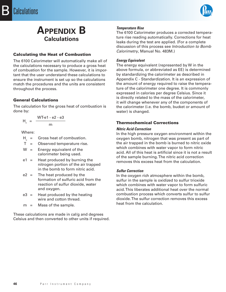 Appendix b, Calculations, Calculating the heat of combustion | General calculations, Thermochemical corrections, Ppendix | Parr Instrument 6100 User Manual | Page 48 / 82