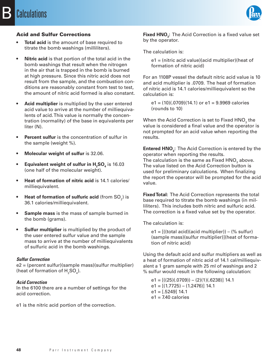 Acid and sulfur corrections, Calculations | Parr Instrument 6100 User Manual | Page 50 / 82