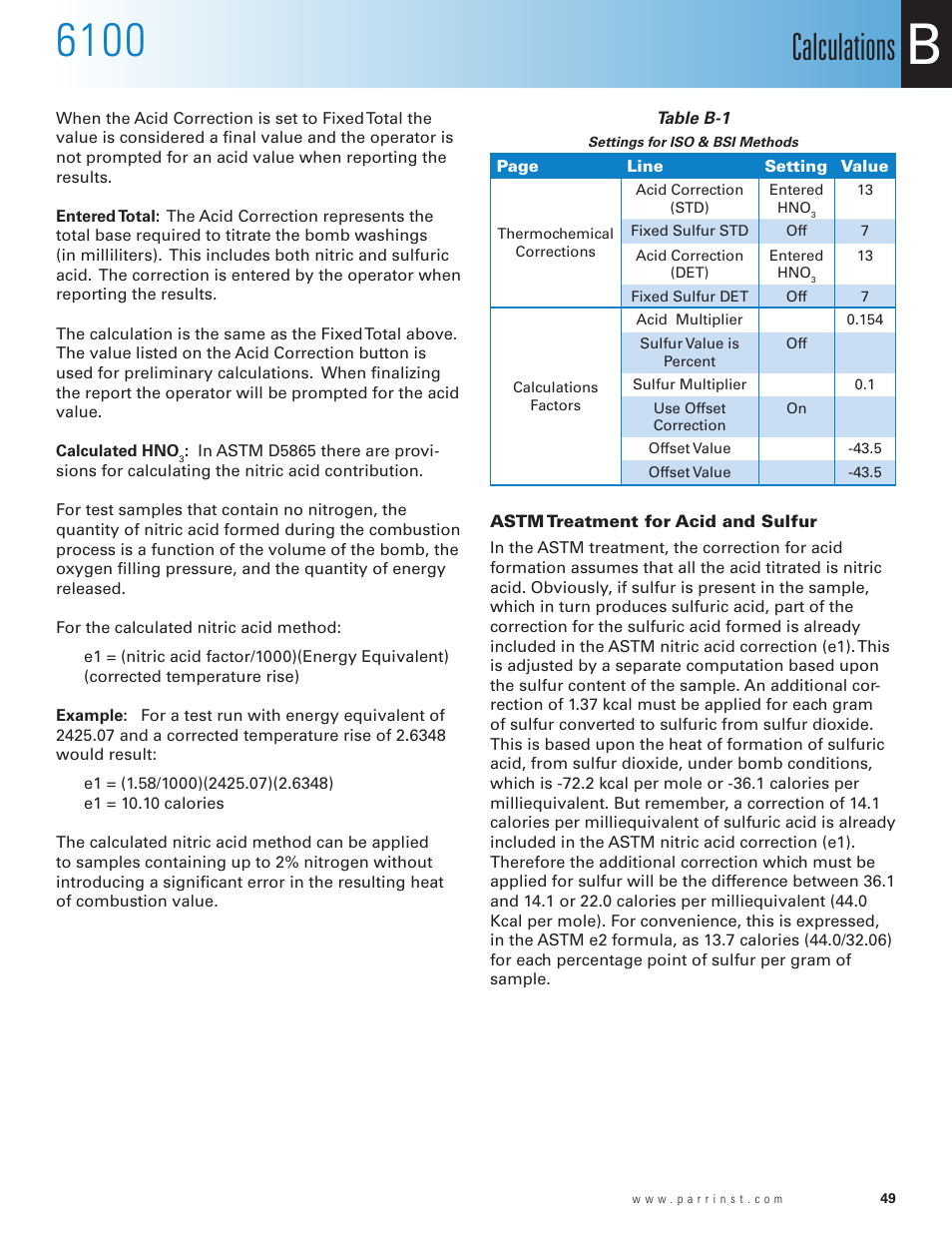 Settings for iso & bsi methods, Astm treatment for acid and sulfur, Calculations | Parr Instrument 6100 User Manual | Page 51 / 82