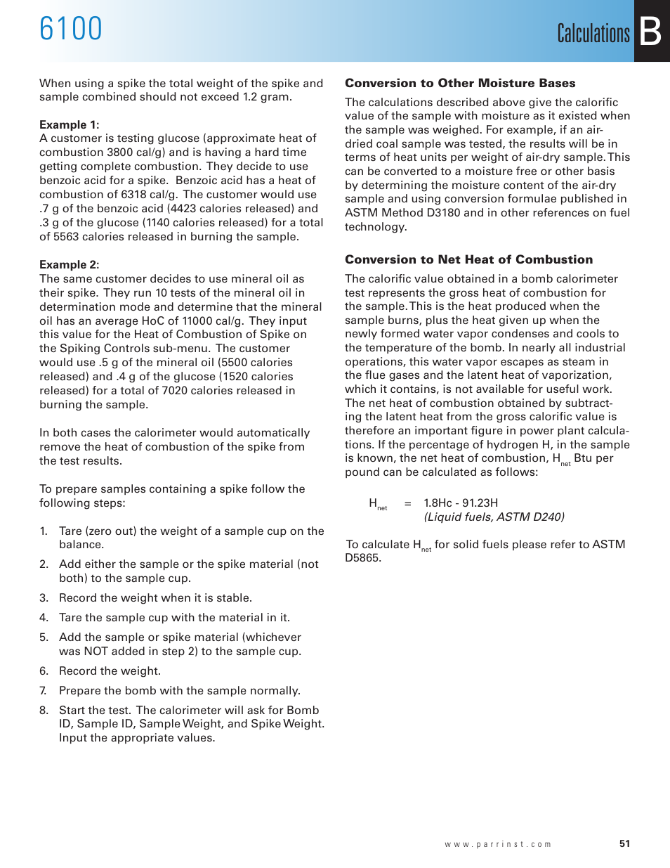 Conversion to other moisture bases, Conversion to net heat of combustion, Calculations | Parr Instrument 6100 User Manual | Page 53 / 82