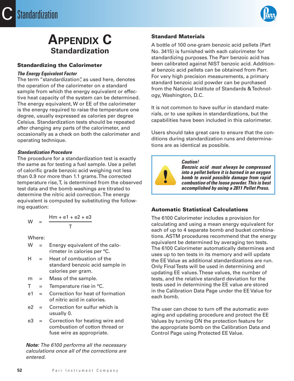 Appendix c, Standardization, Standardizing the calorimeter | Standard materials, Automatic statistical calculations, Ppendix | Parr Instrument 6100 User Manual | Page 54 / 82