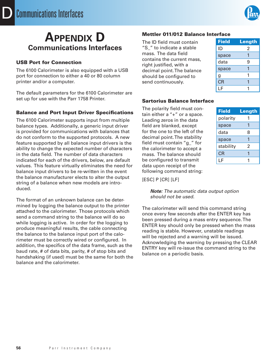 Appendix d, Communications interfaces, Usb port for connection | Balance and port input driver specifications, Mettler 011/012 balance interface, Sartorius balance interface, Ppendix | Parr Instrument 6100 User Manual | Page 58 / 82