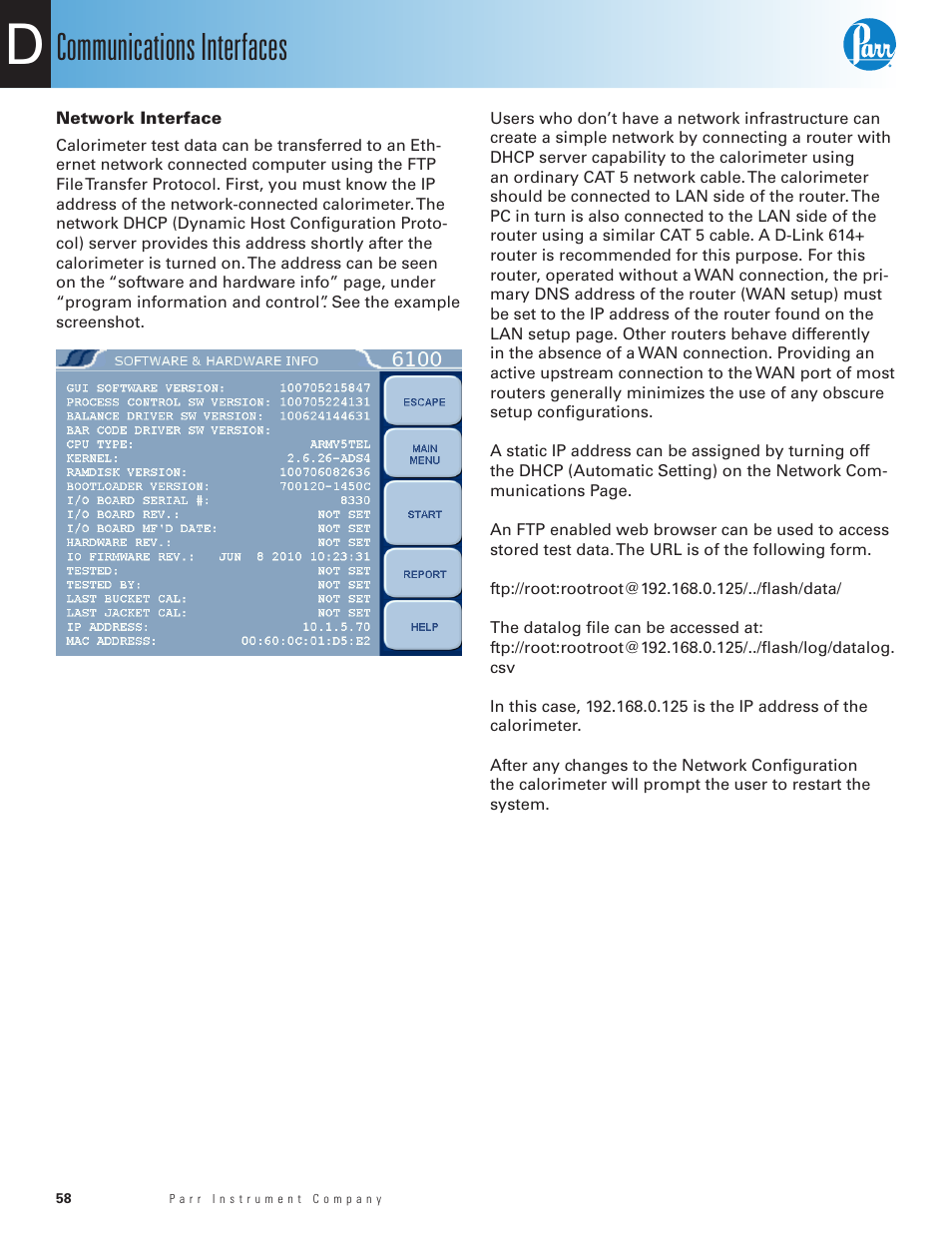 Network interface, Communications interfaces | Parr Instrument 6100 User Manual | Page 60 / 82