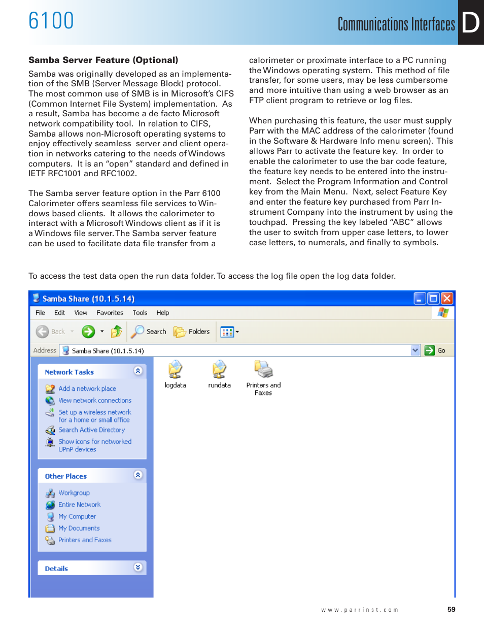 Samba server feature (optional), Communications interfaces | Parr Instrument 6100 User Manual | Page 61 / 82