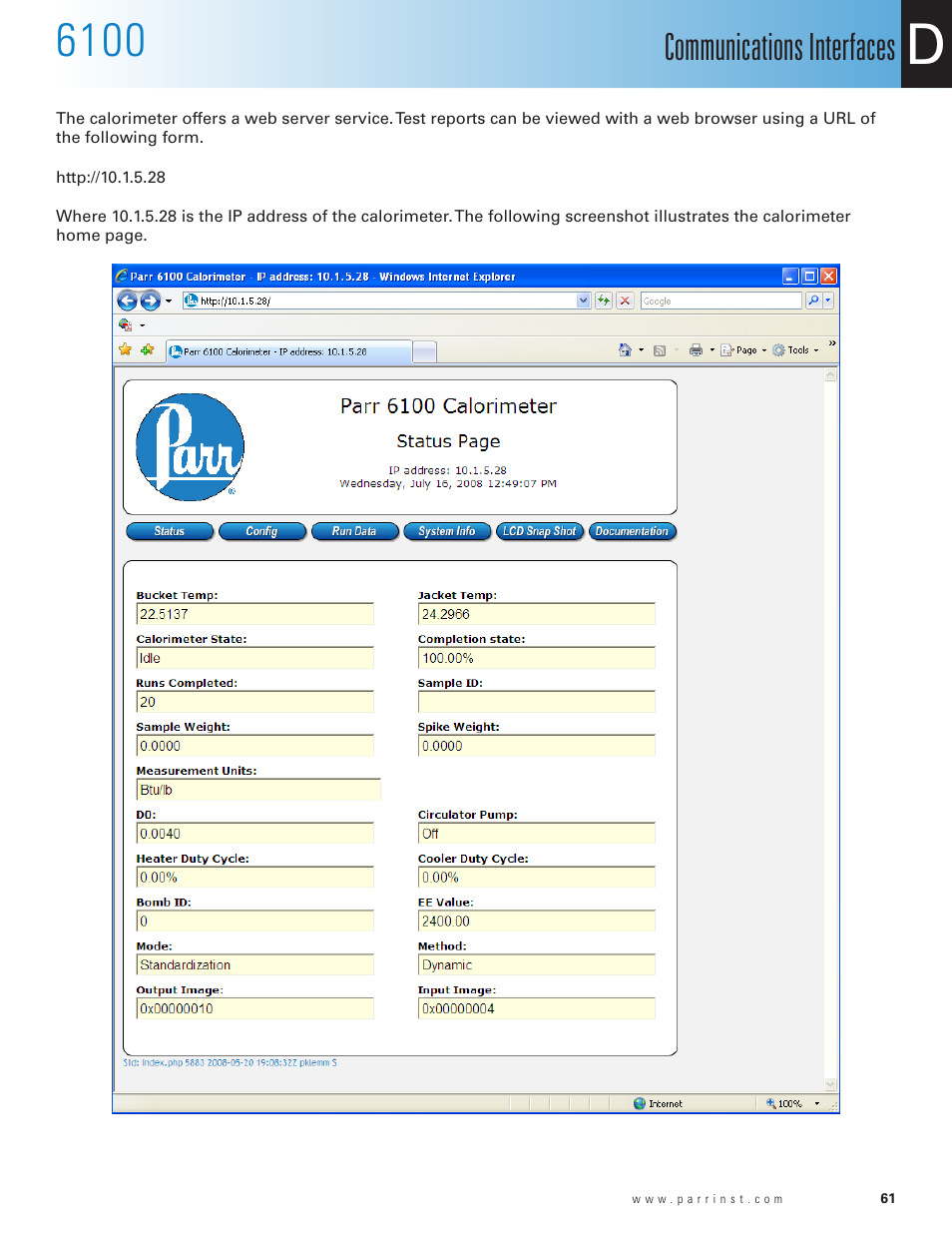 Communications interfaces | Parr Instrument 6100 User Manual | Page 63 / 82