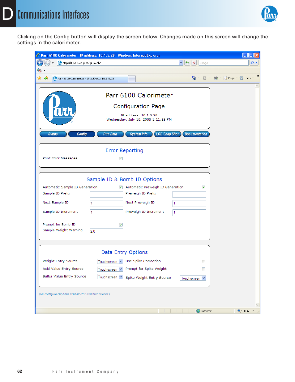 Communications interfaces | Parr Instrument 6100 User Manual | Page 64 / 82