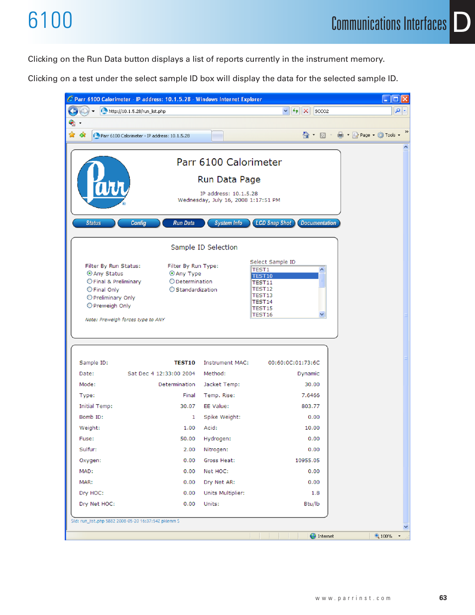 Communications interfaces | Parr Instrument 6100 User Manual | Page 65 / 82