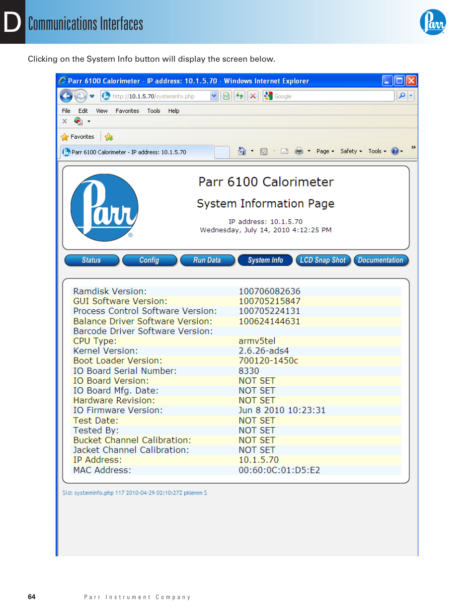 Communications interfaces | Parr Instrument 6100 User Manual | Page 66 / 82