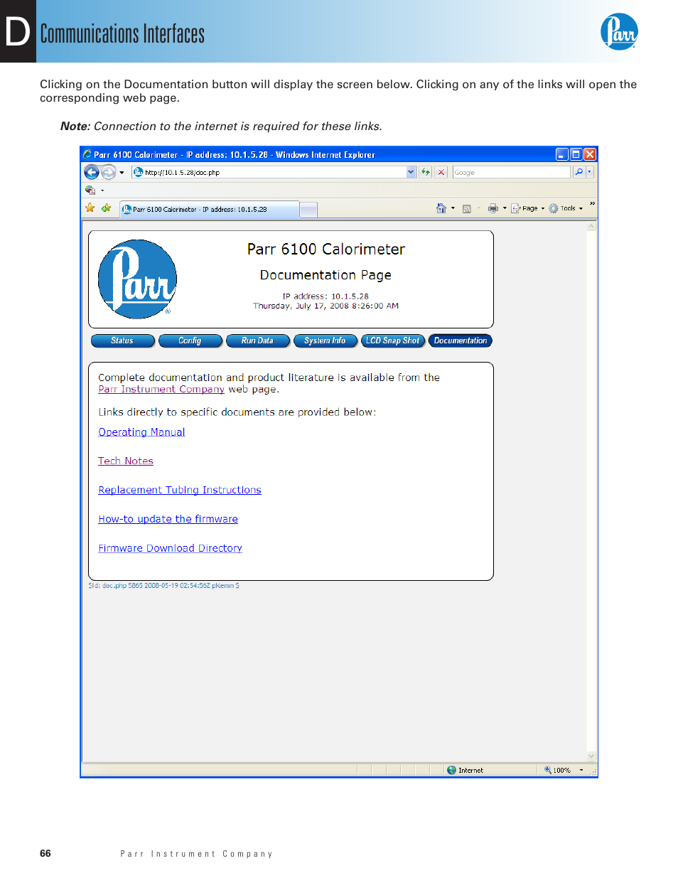 Communications interfaces | Parr Instrument 6100 User Manual | Page 68 / 82