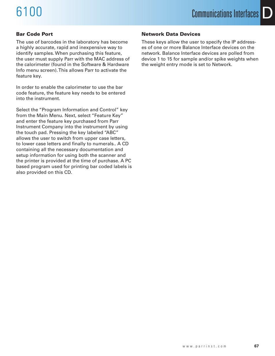 Bar code port, Network data devices, Communications interfaces | Parr Instrument 6100 User Manual | Page 69 / 82